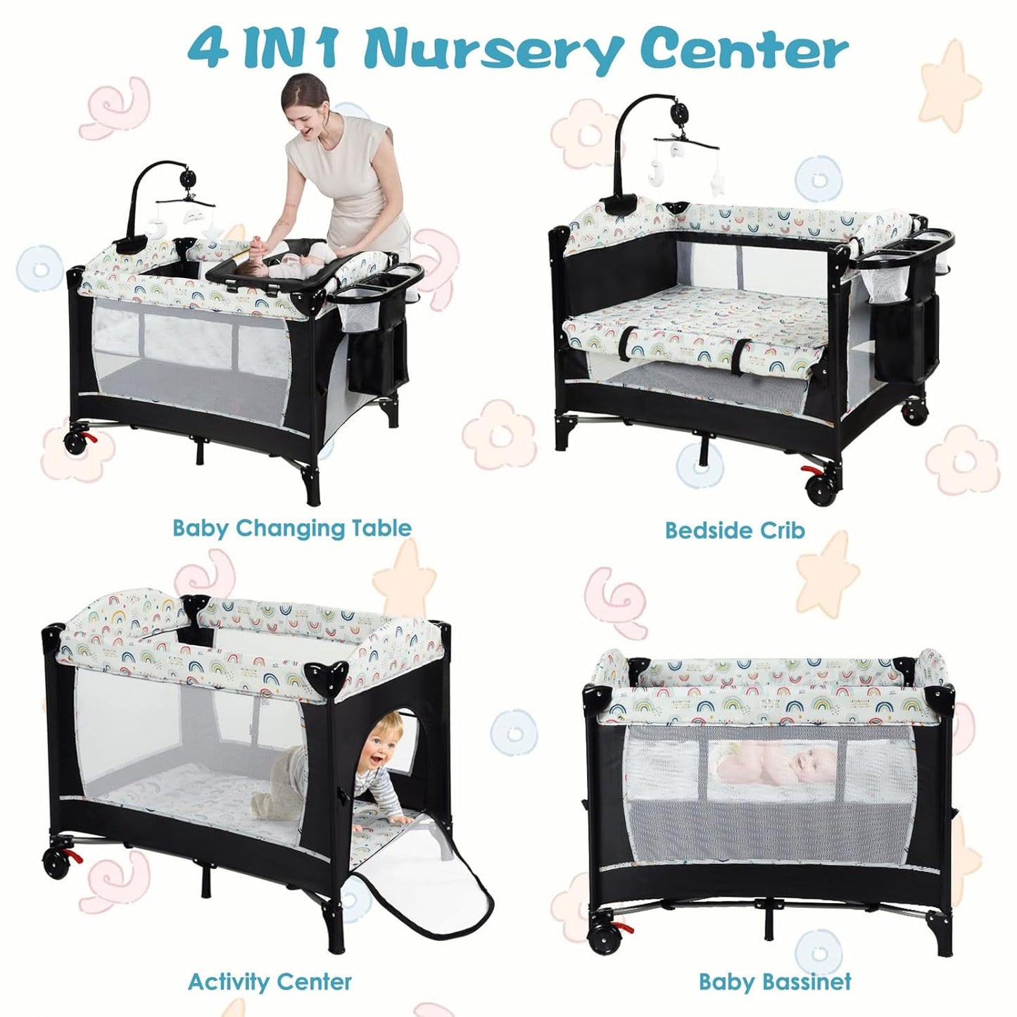 Kinder King 4 in 1 Portable Nursery Center, Foldable Baby Bedside Crib w/Bassinet, Infant Pack n Play Playard Toddler Large Playpen, Newborn Changing Table, Storage Basket, Side Zipper,Multicolour