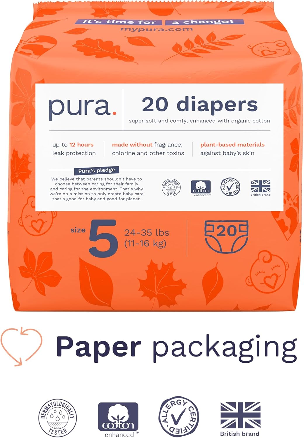 Pura Size 5 Eco-Friendly Diapers (24-35 lbs) Totally Chlorine Free (TCF) Hypoallergenic, Soft Organic Cotton, up to 12 Hours Leak Protection, Allergy UK, 3 Packs of 20 (60 Diapers)