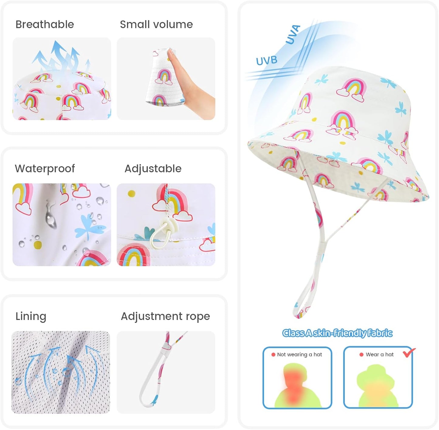 Baby Sun Hat 0-6 Years Toddler Boys Girls Adjustable Bucket Hats Kids Bucket Hats UPF 50+ Wide Brim Beach Swim Pool