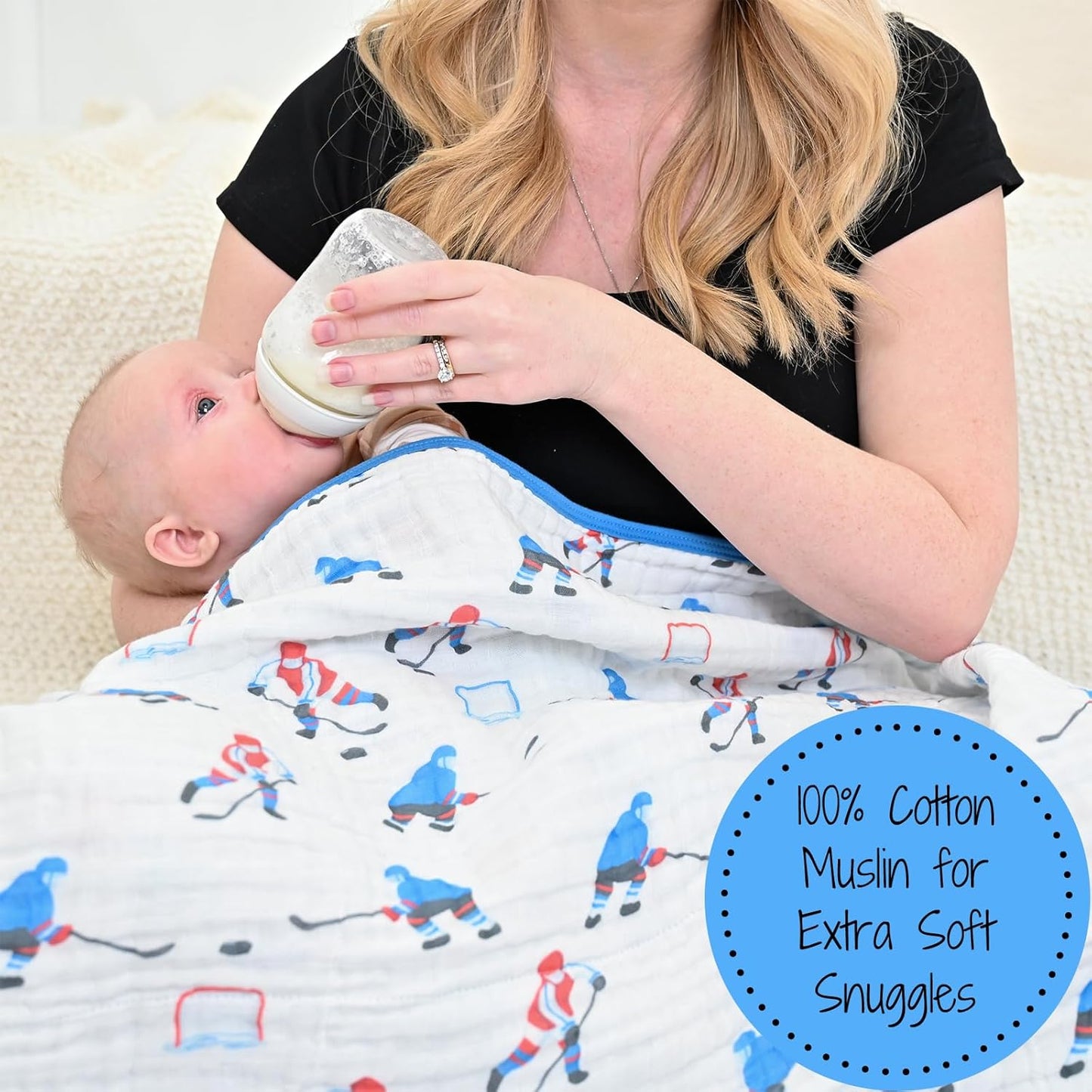 LollyBanks Muslin Blanket 100% Organic Cotton, Muslin Quilt Lightweight, 6 Layers Baby Blankets 47"x 47", Muslin Blanket for Boys, Nursery Receiving Blankets (Ice Hockey Print)
