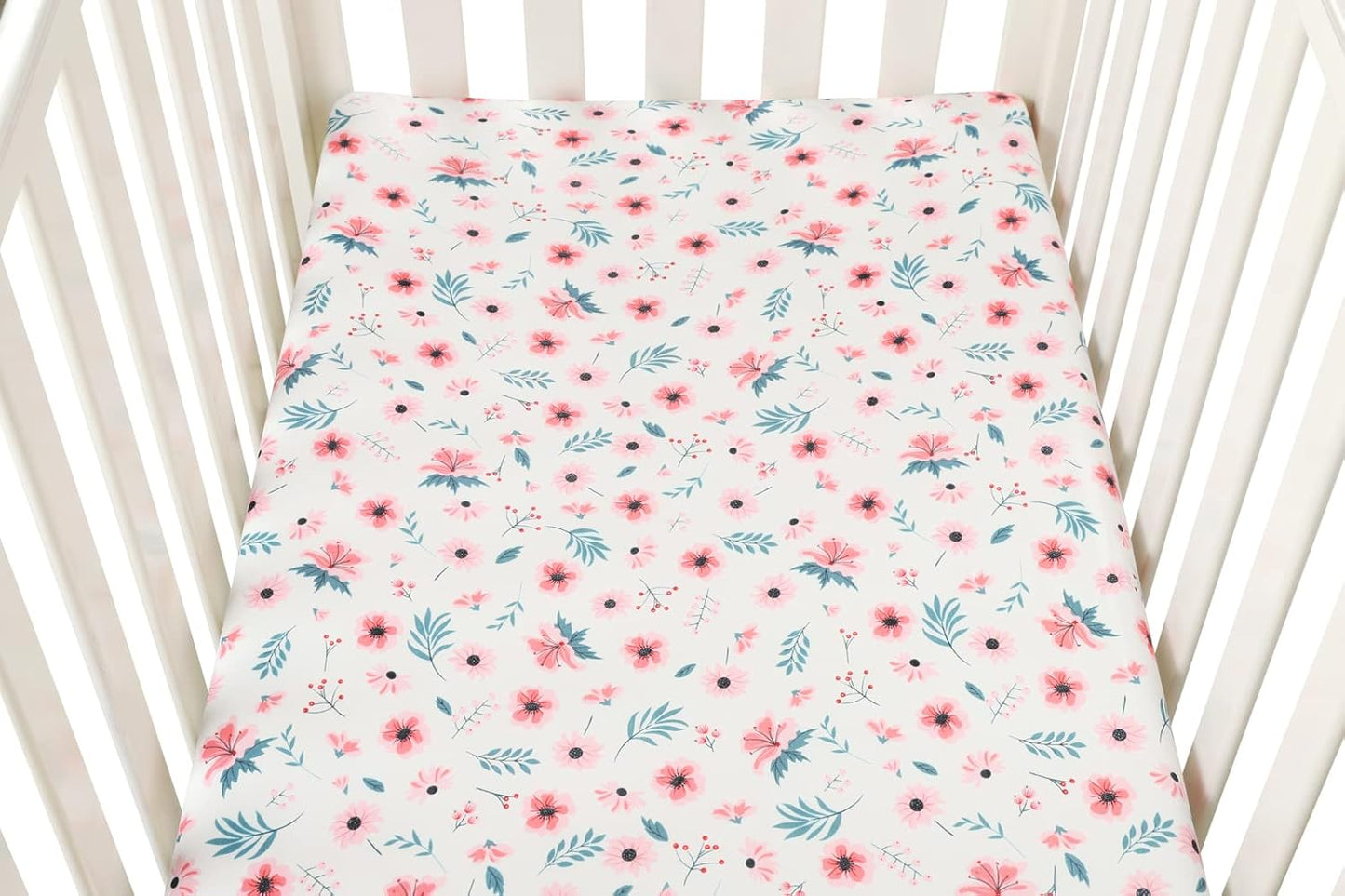 Pack n Play Sheet Stretchy Fitted Portable Mini Crib Sheets Set 3 Pack,Playard Sheets Convertible Playard Mattress Cover,Ultra Soft Jersey Material,Floral,Grey Rabbit & Pink