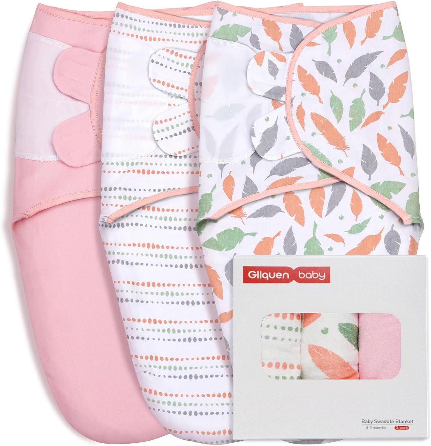 GLLQUEN BABY Swaddle Blankets for Baby Girls, 3-6 Months, Orange Pink Feather & Wave Point, 3 Pack Wrap Set, Newborn Adjustable Swaddles Sleep Sack, (Medium/Large)