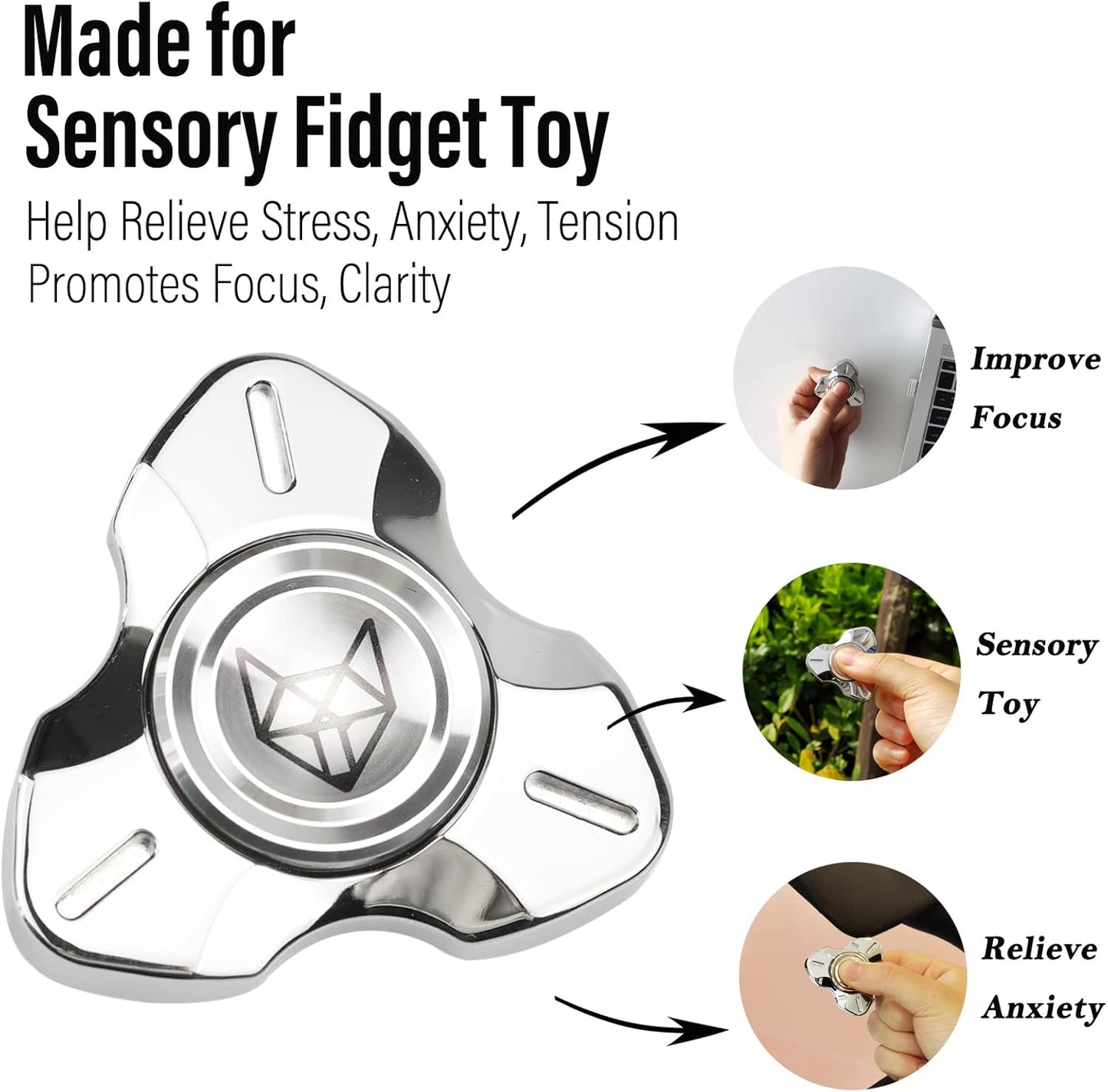 FREELOVE Metal Fidget Spinner, Stainless Steel Heavy, Long Spinning Toys, Cool Silent, Small Mini 2nd Fox Figette Spiner for Adults Men Anxiety, Quiet Bearing, Silver