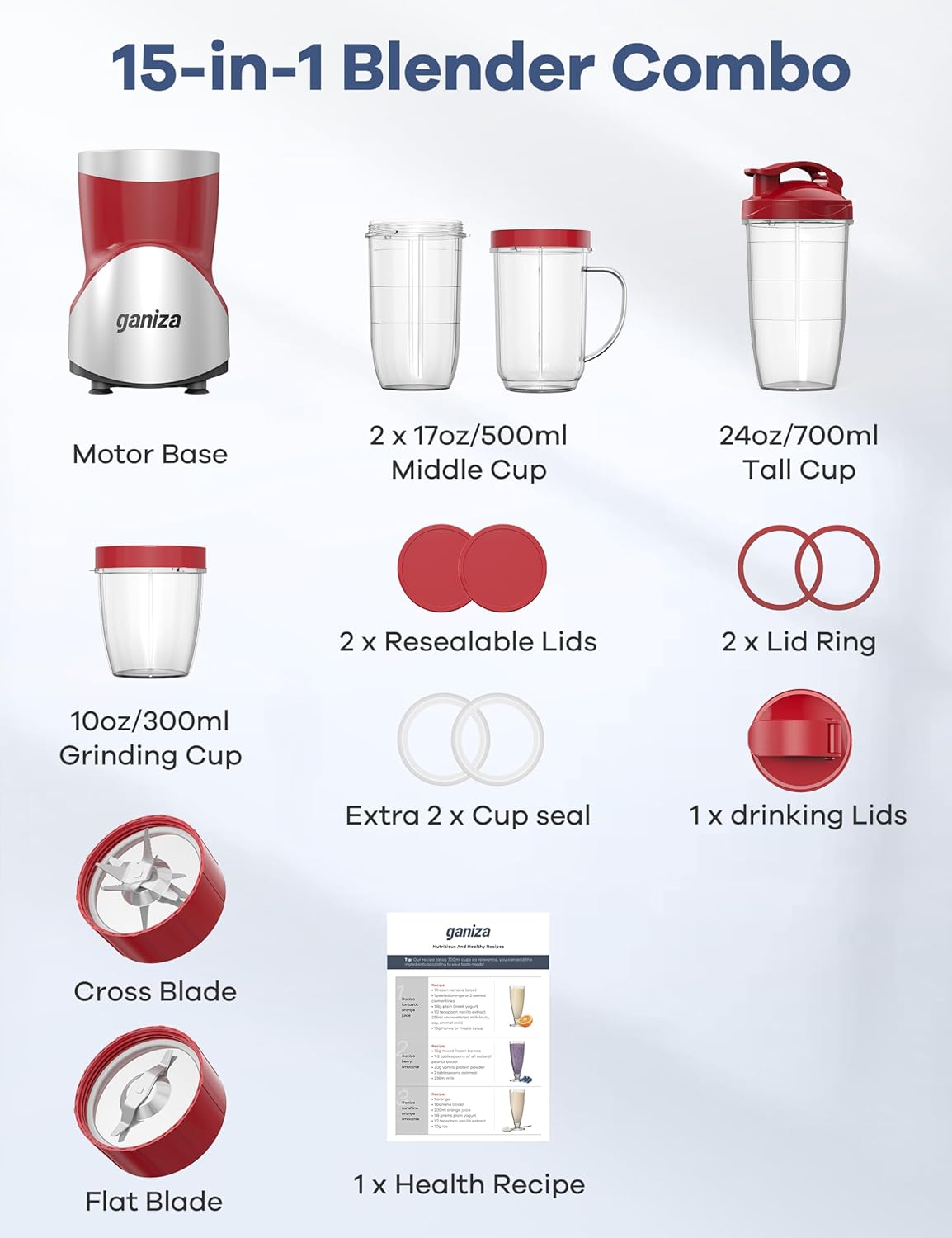 Ganiza Smoothie Blender, 900W Blenders for Shakes and Smoothies, 15-Piece Personal Blender and Grinder Combo for Kitchen, Smoothies Maker with 4 BPA-Free Portable Cup, Nutritious Recipe Red