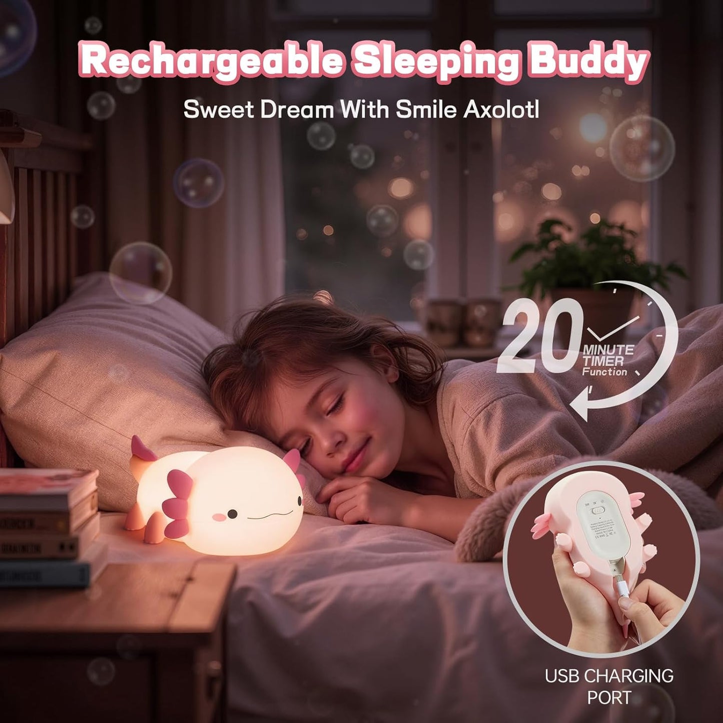 Axolotl Night Light for Kids, Cute Axolotl Lamp Silicone Baby Nursery Night Lamp, Dimmable Squishy Touch Bedside Lamps, Adorable Rechargeable Animal Lamps Gifts Kawaii Room Decor for Kids Girls Boys