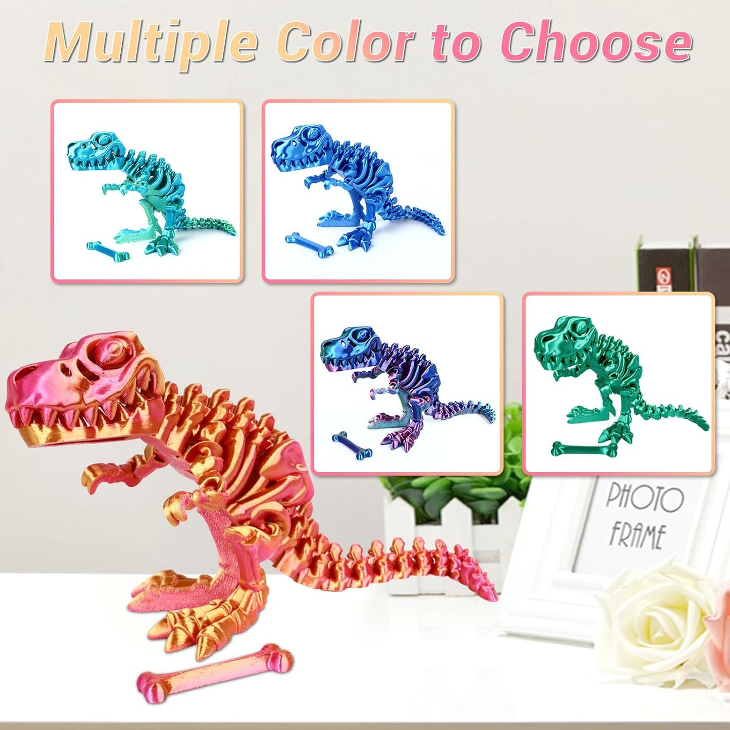 3D Printed Dinosaur Bone Skeleton Tyrannosaurus Rex with Movable Jaw Fidget Dinosaur Toys Full Articulated Dinosaur Executive Desk Toys Home Office Decor, Red Mix Yellow
