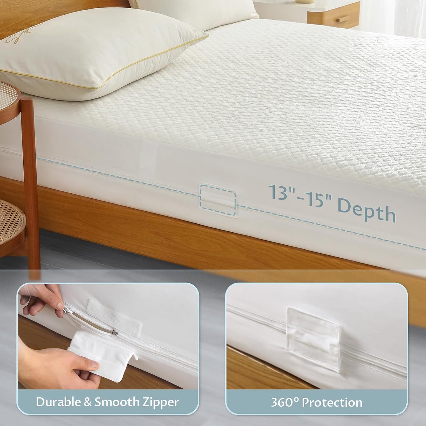 Queen Size Mattress Protector with Zipper - 100% Waterproof Zippered Mattress Cover - Soft & Cooling Noiseless Bed Mattress Covers - Top Removable Mattress Encasement 13-15" Deep