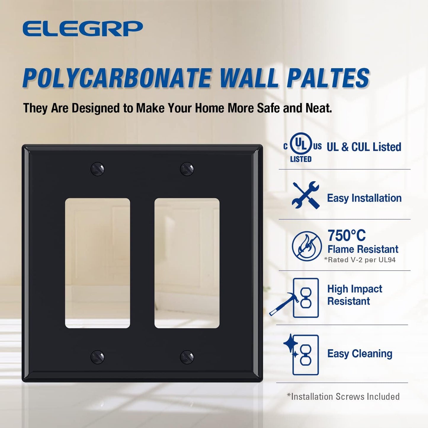 ELEGRP 2-Gang Decorative Wall Plates, Mid-Size 4.88" H x 4.94" L Unbreakable Thermoplastic Faceplate Cover for Decorator Receptacle Outlet Switch, UL Listed (1 Pack, Glossy Black)