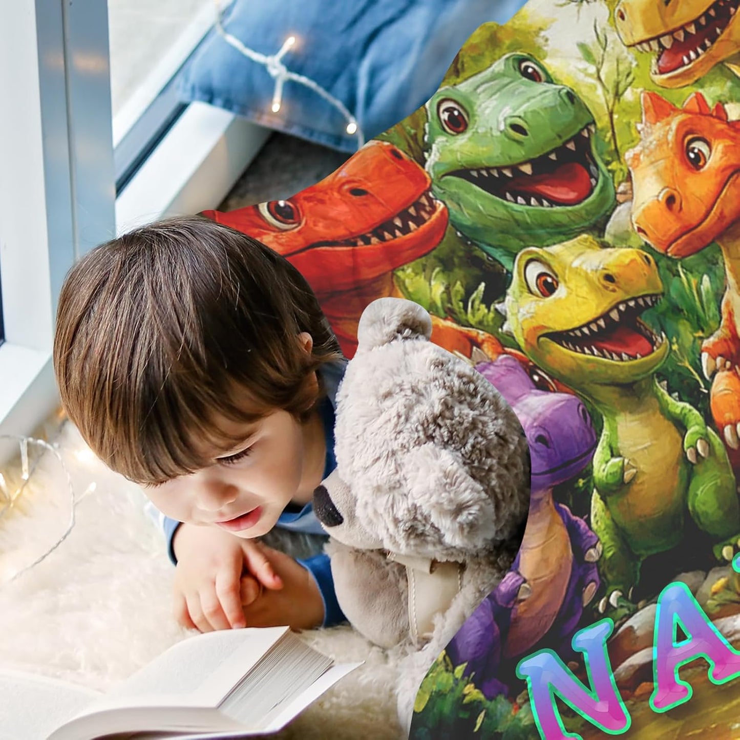 Ship Next Day, Custom Dinosaur Blanket - Printed in USA, Personalized Blankets with Name, Gift for Kids Boys Girls, Unique Present for Birthday, Christmas, Educational Blankets for Children