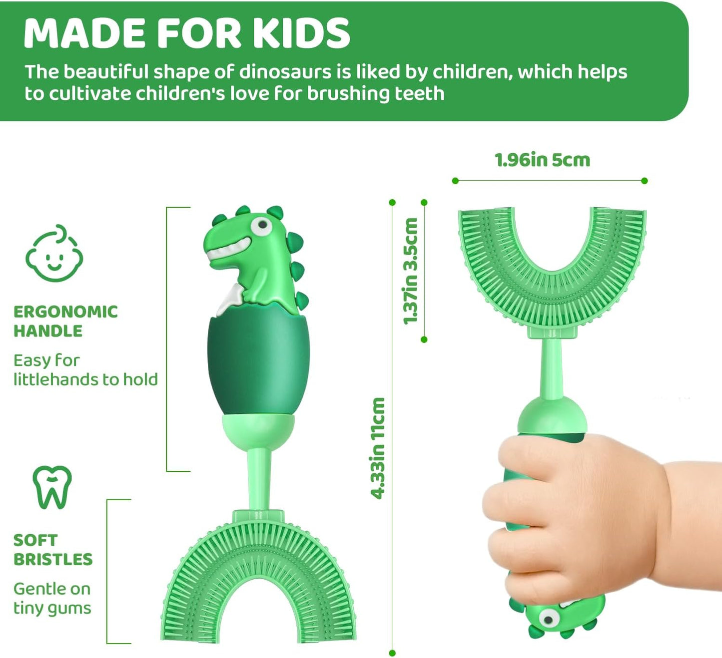 U-Shaped Toothbrush for Kids Ages 2-7， Soft Food-Grade Silicone for Sensitive Gums， 360° Teeth Cleaning Design，Training & Travel-Friendly Toddlers' Toothbrush (Light Green)