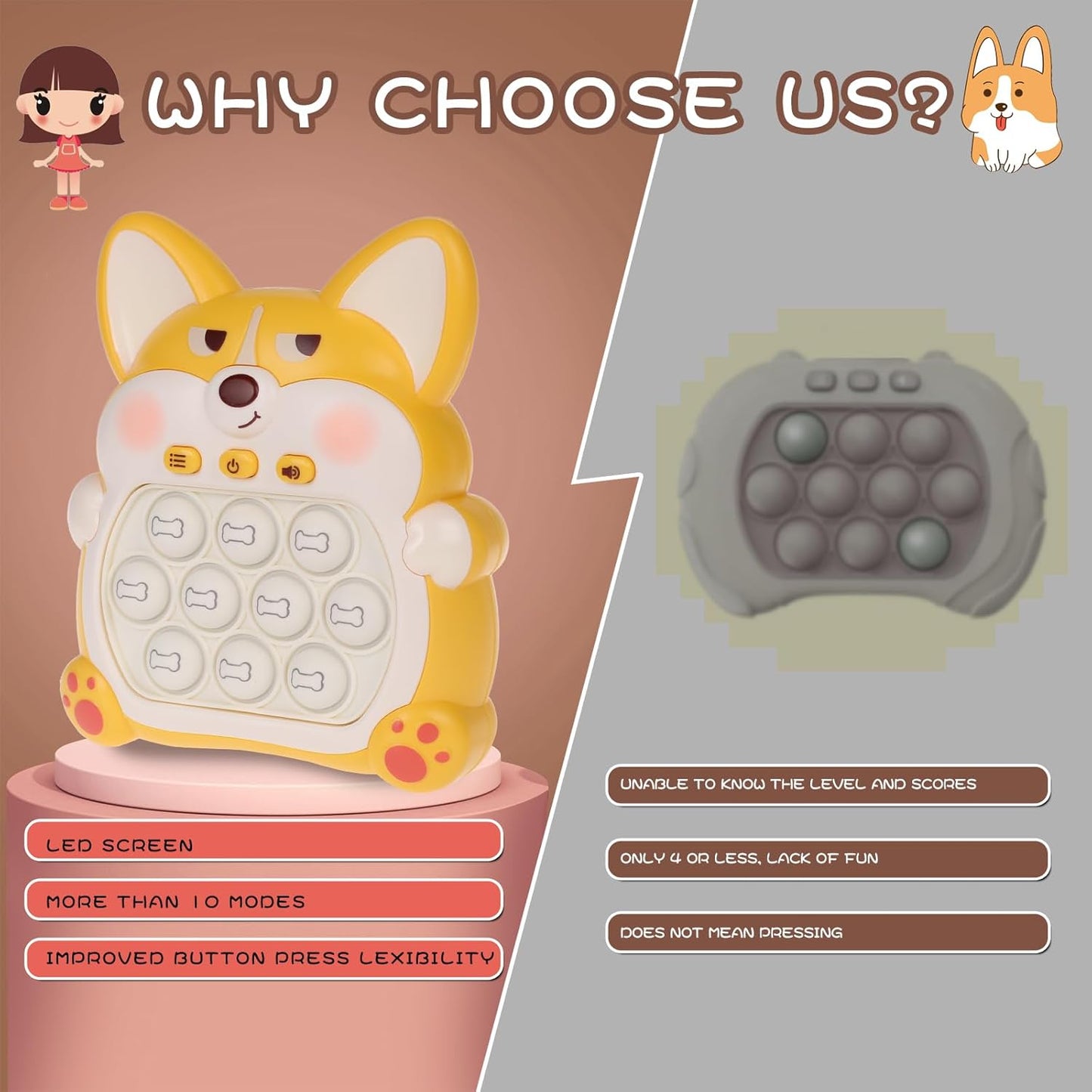 Fast Push Game Pop Fidget Toys for Kids, Fast Push Bubble Game, Quick Push Pop Game for Boys & Girls Age 3-12, Handheld Puzzle Game Sensory Toys Relaxation and Decompression (Yellow Corgi)