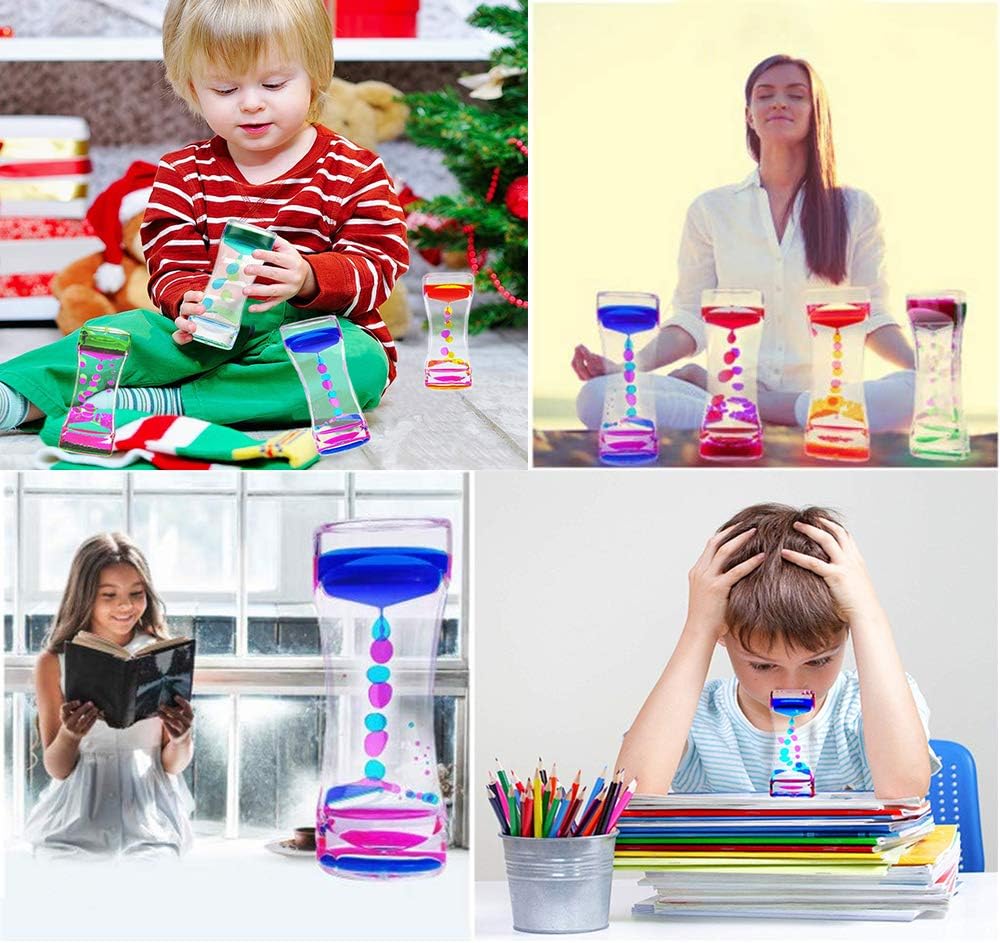 Liquid Motion Bubbler Timer Pack of 4 Colorful Hourglass Liquid Bubbler ADHD Fidget Toy Sensory Toys Anxiety Toys Autism Toys Children Activity Calm Relaxing Desk Toys for Kids Teenager Adults