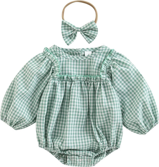 Douhoow Infant Baby Girl Plaid Romper Baby Sweatshirt Romper Ruffle Festival Clothes Fall Winter Outfits with Headband