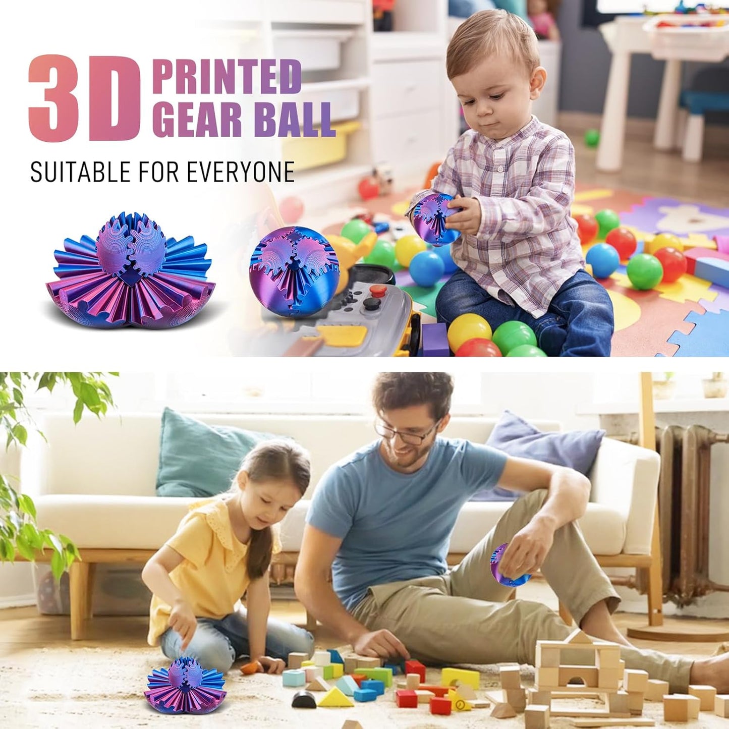 Gear Ball 3D Printed Gear Ball Spin Ball Fidget Toy Spin Ball Cube Fidget Toys Gearsphere Gear Ball Fidget Toy Stress Relief Desk Toy Relax Anxiety Toy for Children Adult (Purple Blue)