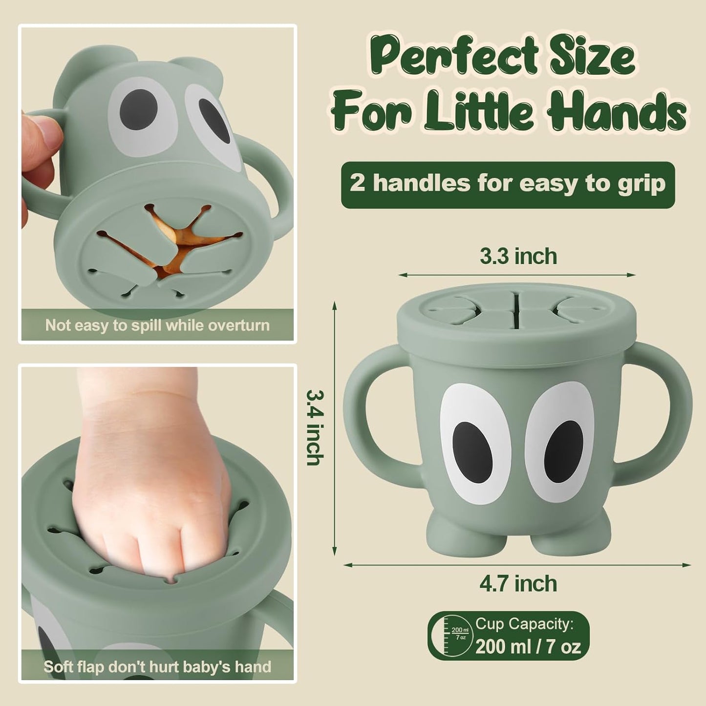 Silicone Snack Cup Food Container for Toddlers and Babies, Spill Proof Training Cup with Snack Cup Lid & Dust Proof Lid, Comes with a toy strap, Without BPA, Lead, or Phthalates (Ether)