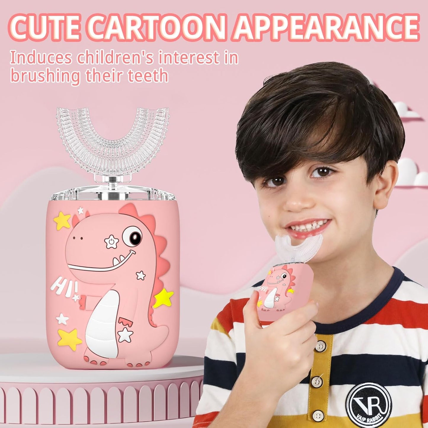 Kids Electric U Shaped Toothbrush,Kids Sonic Full Mouth Toothbrush with 4 Soft Brush Head Automatic Rechargeable 6 Cleaning Modes IPX7 Waterproof 360 Degree Cleaning - Age8-15 Pink