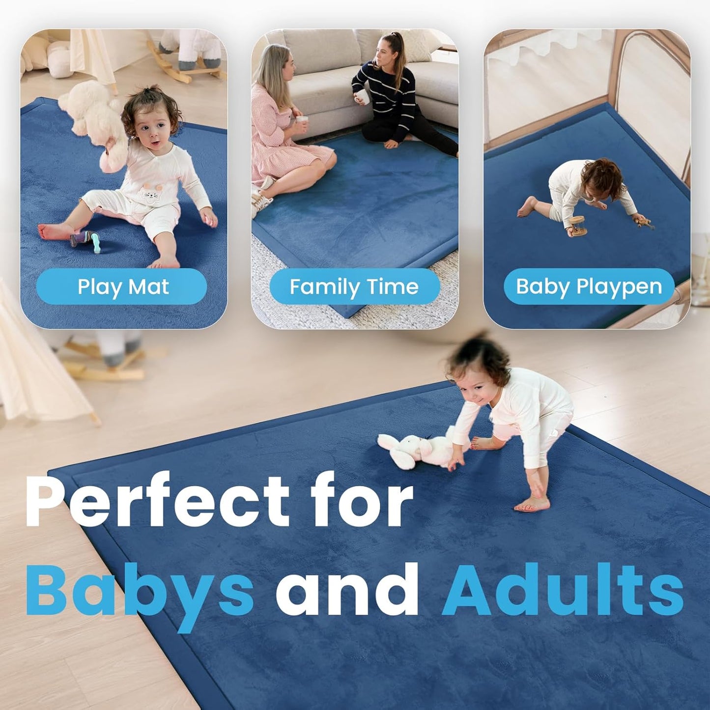 Ultra Soft Baby Play Mat,79"×158" Extra Large Activity Tummy Time Mat for Toddlers,Infants,Kids,Extra Thick Elasti-Foam Nursery Rug for Floor,Non-Slip Safe for Crawling,Water-Repellent(Royal Blue)