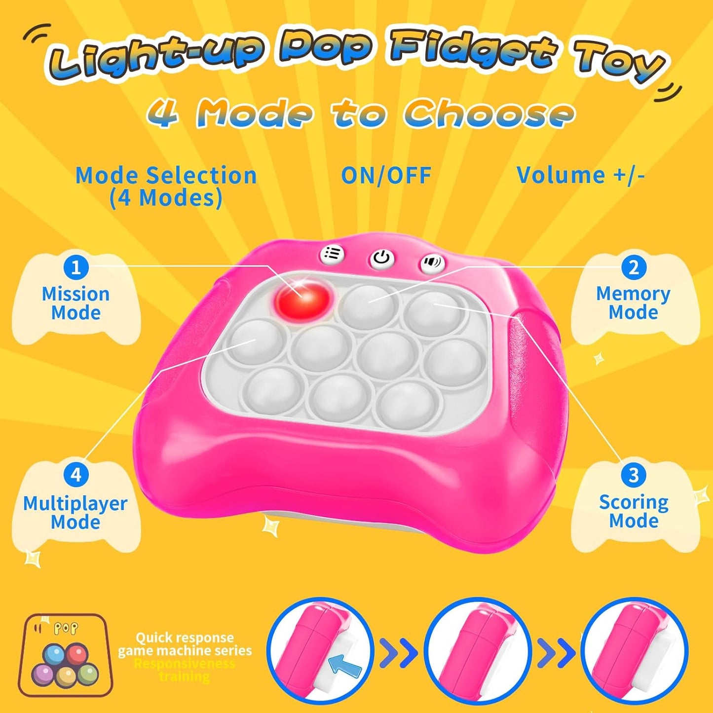 Fast Push Bubble Game, Light-up Pop Game Fidget Toys for Kids and Adults, Electronic Handheld Quick Push Bubble Game, Stress Relief Toys for 6 7 8 9+ Year Old Boys & Girls (Pink)