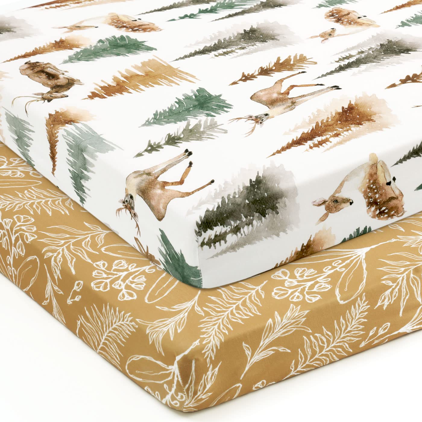Stretchy Ultra Soft Jersey Knit Fitted Pack n Play Sheets Set 2 Pack, Portable/Mini Crib Sheets with Deep Pocket, Fitted Playard Mattress Safe and Snug, Stylish Watercolor Deer and Leaves
