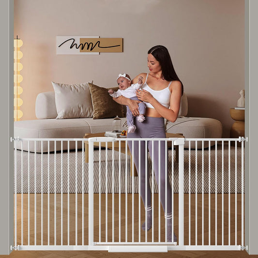 DEARBB Extra Wide Baby Gate Ultra Narrow Spacing 30.11-77.36" Pressure Mounted Double Lock Swing Auto Close Walk Through Metal Safety Pet Gate for Stairs and House Doorway Kitchen
