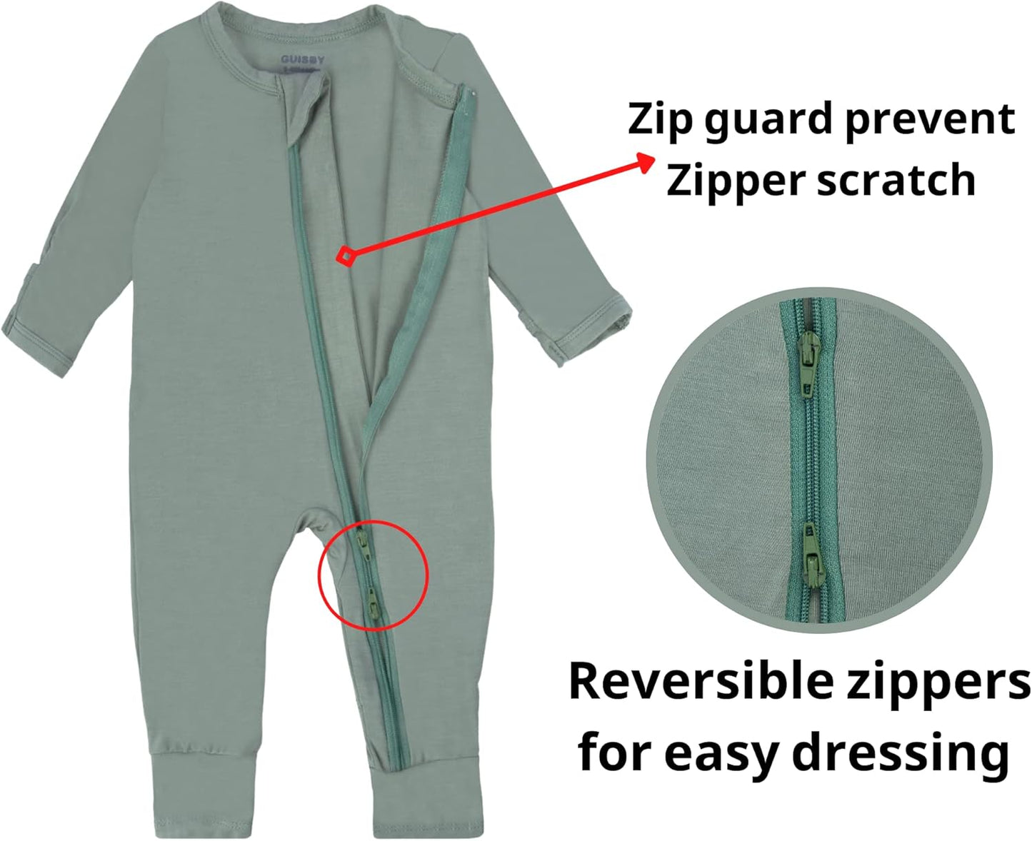 GUISBY Baby Pajamas with Mitten Cuffs - 3Pcs Girls Boys 2 Way Zipper Long Sleeve Rayon Sleepers