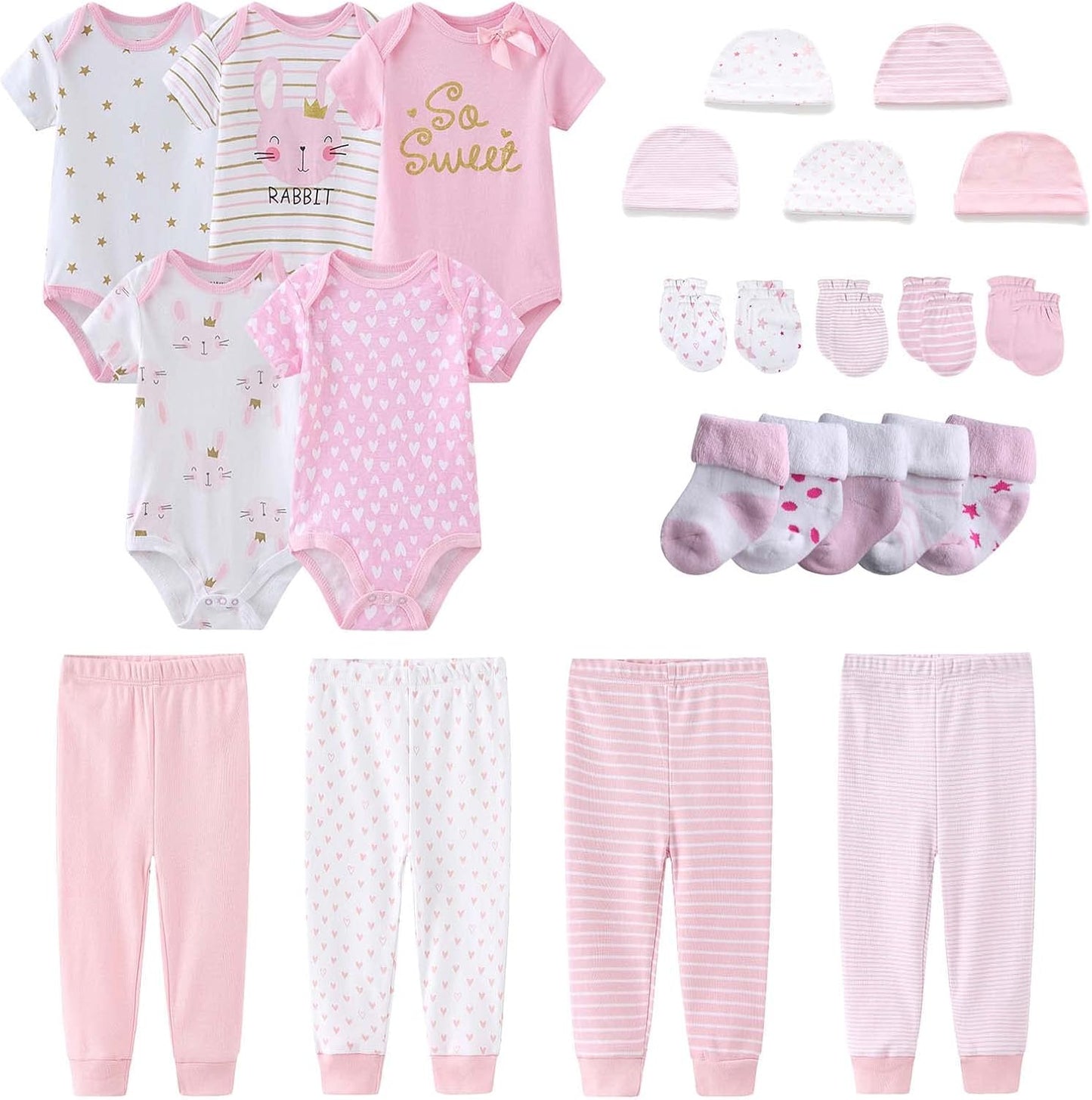 Newborn Layette Gift Set Bodysuits Pants for Baby Girl and Boy 24 Piece 100% Cotton Essentials and Accessories