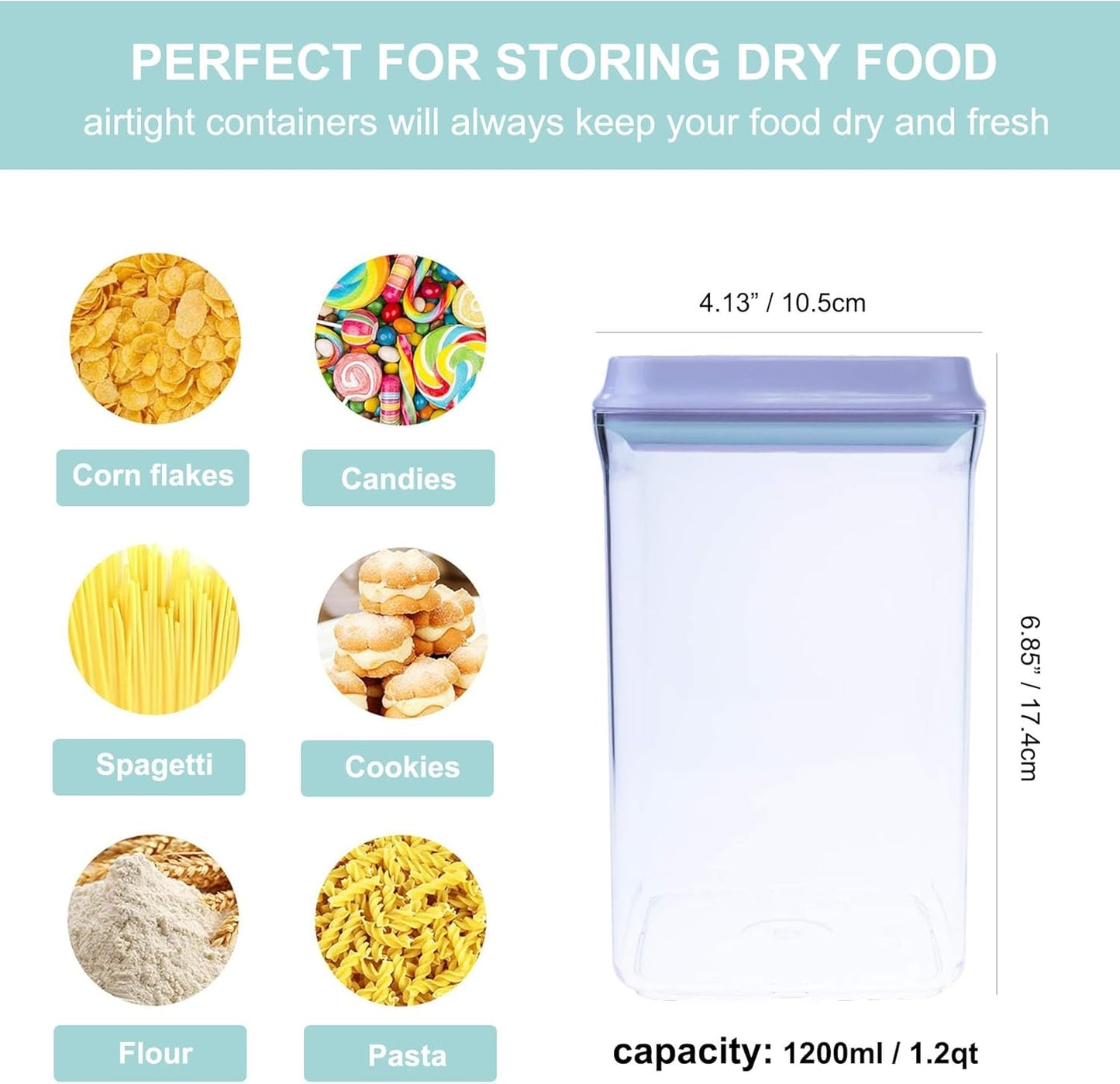 Airtight Food Storage Container - 1.2qt / 1200ml Square Pop Containers With Lids, Bpa Free Stackable Container for Coffee Cereal Flour Spaghetti Rice Kitchen Organizer