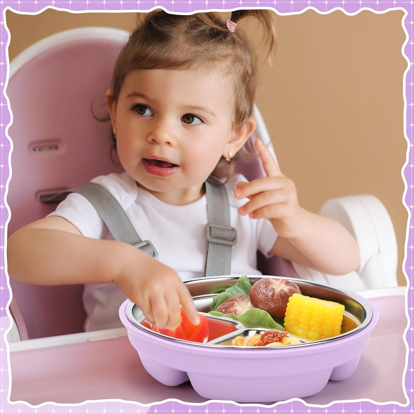 Nuogo 1 Pcs Stainless Steel Baby Suction Plates with Removable Silicone Shell 2-in-1 Metal Toddler Bowl Divided for Picky Eaters Kid Feeding Led Weaning Supply, Dishwasher Safe (Purple)