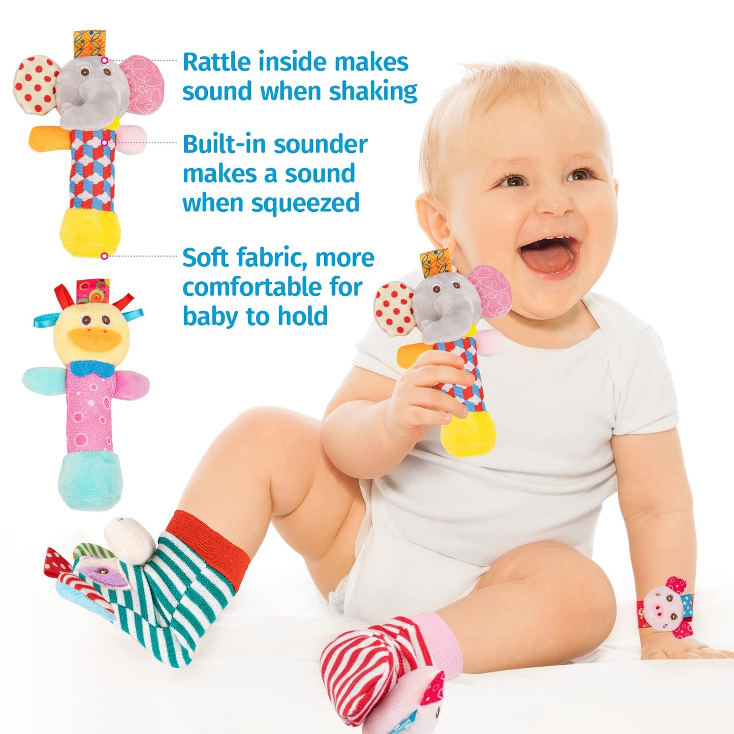 Baby Rattles Toys - Soft Hanging, Handheld & Foot Sock Rattles Set - Plush Stuffed Infant Toys for 0-3, 3-6, 6-12 Months - Newborn Gift