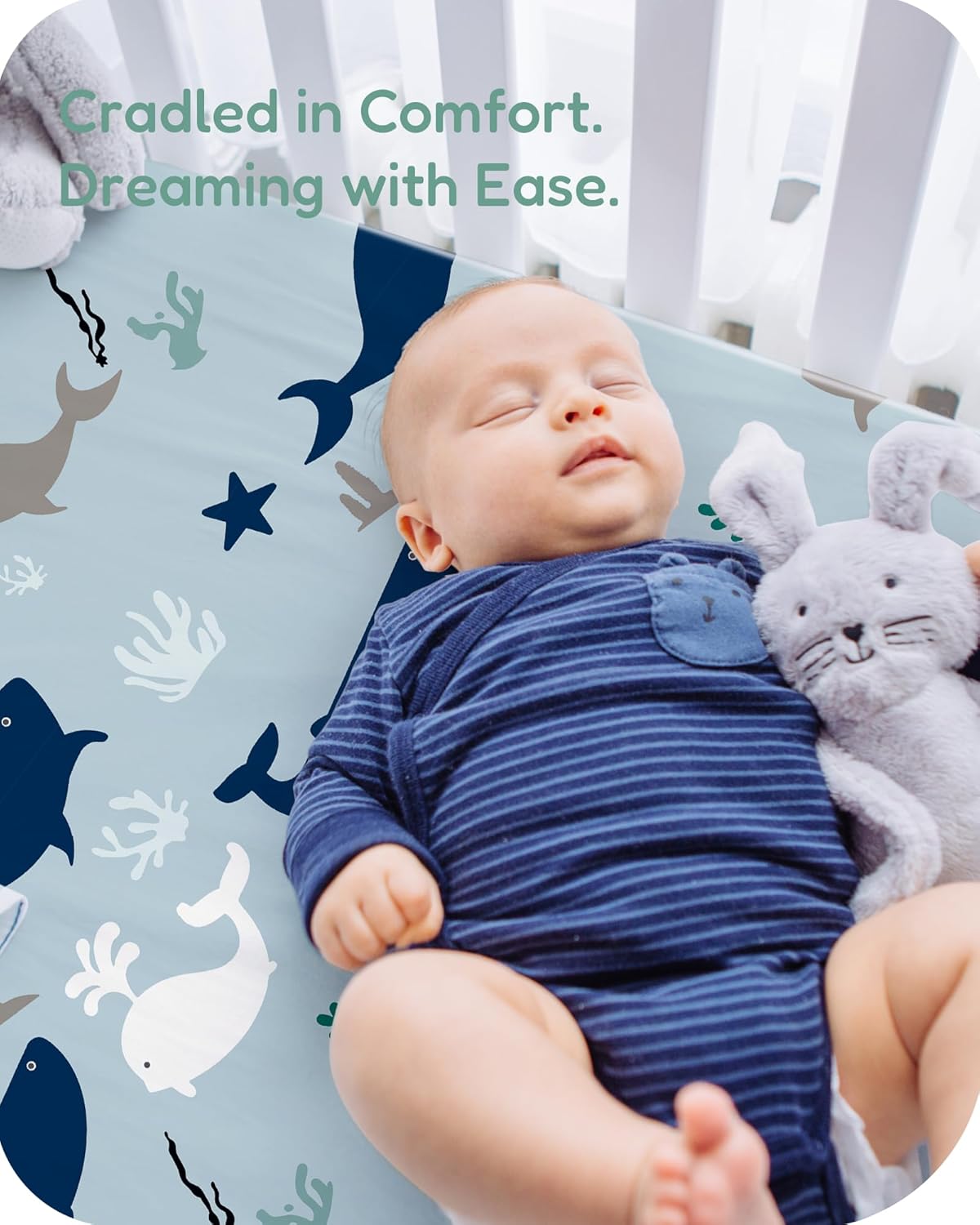 Pack and Play Sheets Fitted, Navy Whale+Blue, Ultra Soft, Breathable and Cozy, Hypoallergenic, 2 Pack for Baby Boys and Girls