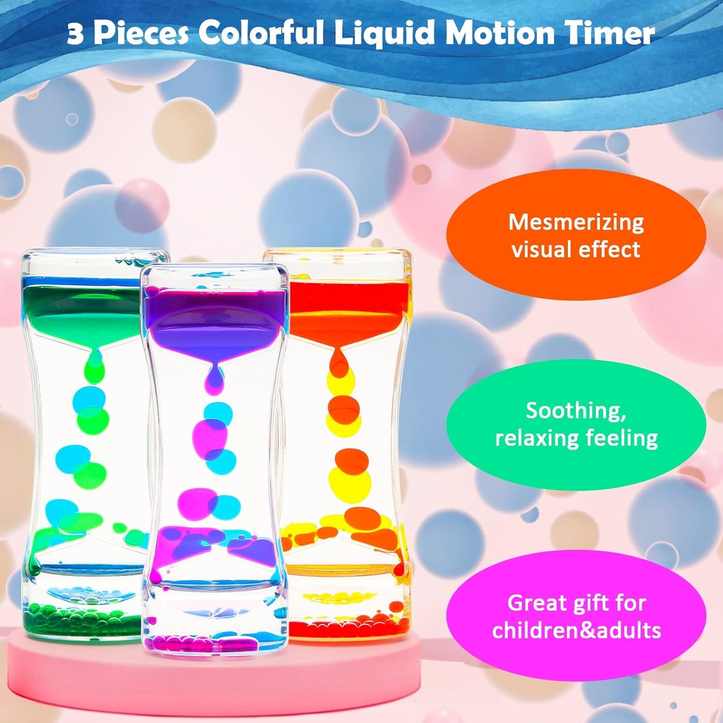 Coitak Liquid Motion Bubbler Timer for Sensory Play, Fidget Toy, Desk Top, 3 Pack, Assorted Colors (Style-3)