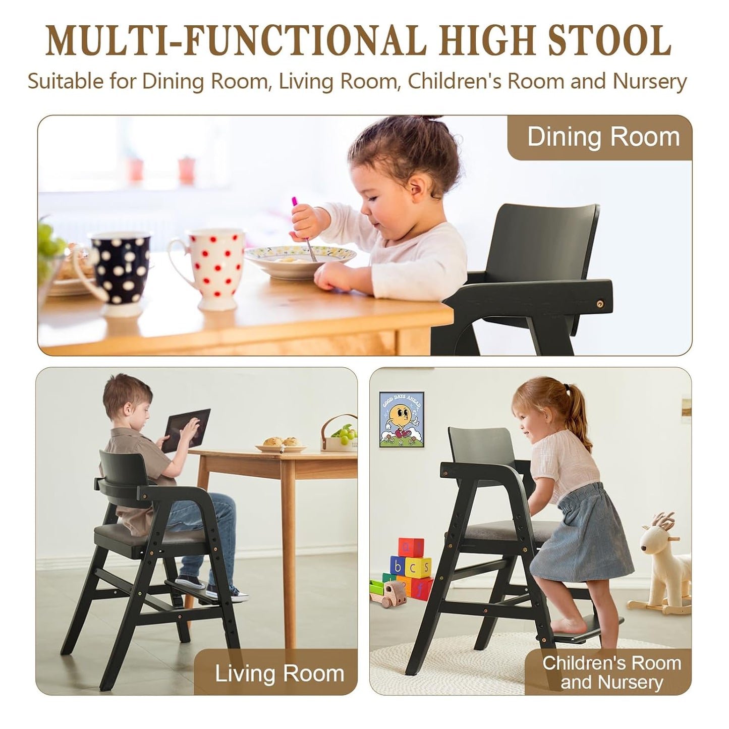 Solid Wood High Chair for Toddlers to Teens, Adjustable Height Toddler Dining Chair, Easy to Clean Toddler Highchair with Removable PU Cushion for Dining, Studying, Step Tool, Black