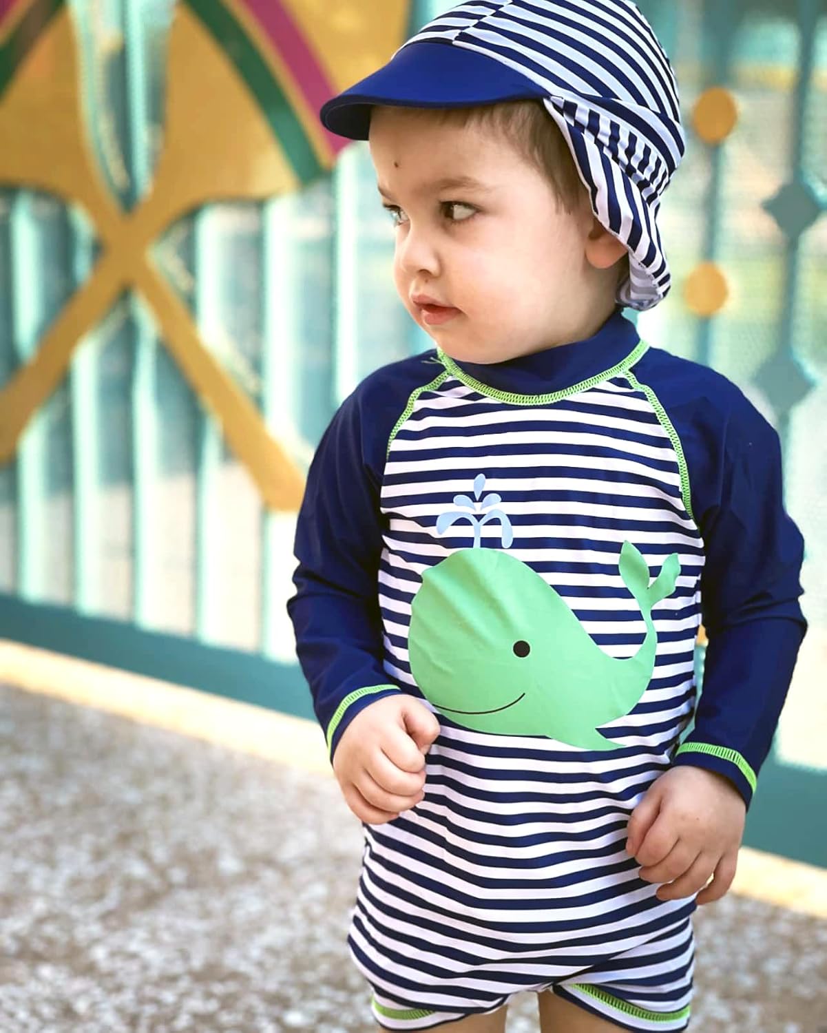 uideazone Baby Boys One Piece Swimsuit Long Sleeve UPF 50+ Rash Guard Bathing Suit Swimwear with Sun Hat 0-24 Months