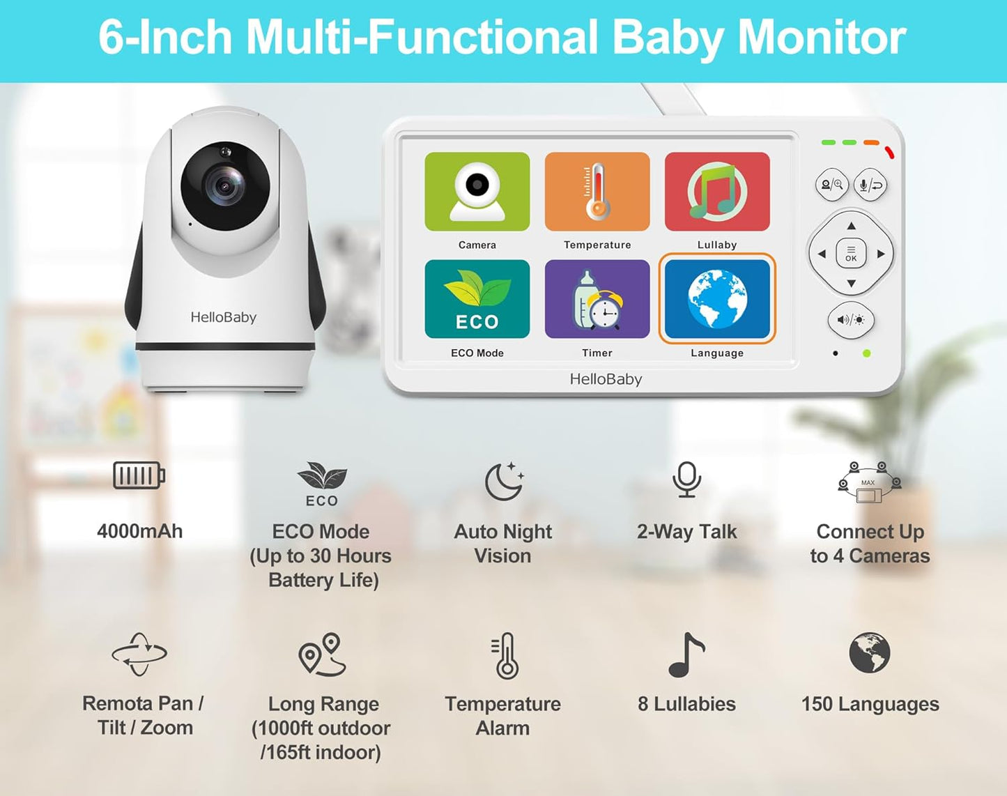 HelloBaby Baby Monitor with Camera and Audio, Large 6'' Video Baby Monitor No WiFi,30-Hour Long Battery, 320° Pan-Tilt Camera with 2X Zoom, Night Vision, 2-Way Talk,ECO,1000ft, Portable, 150 Languages