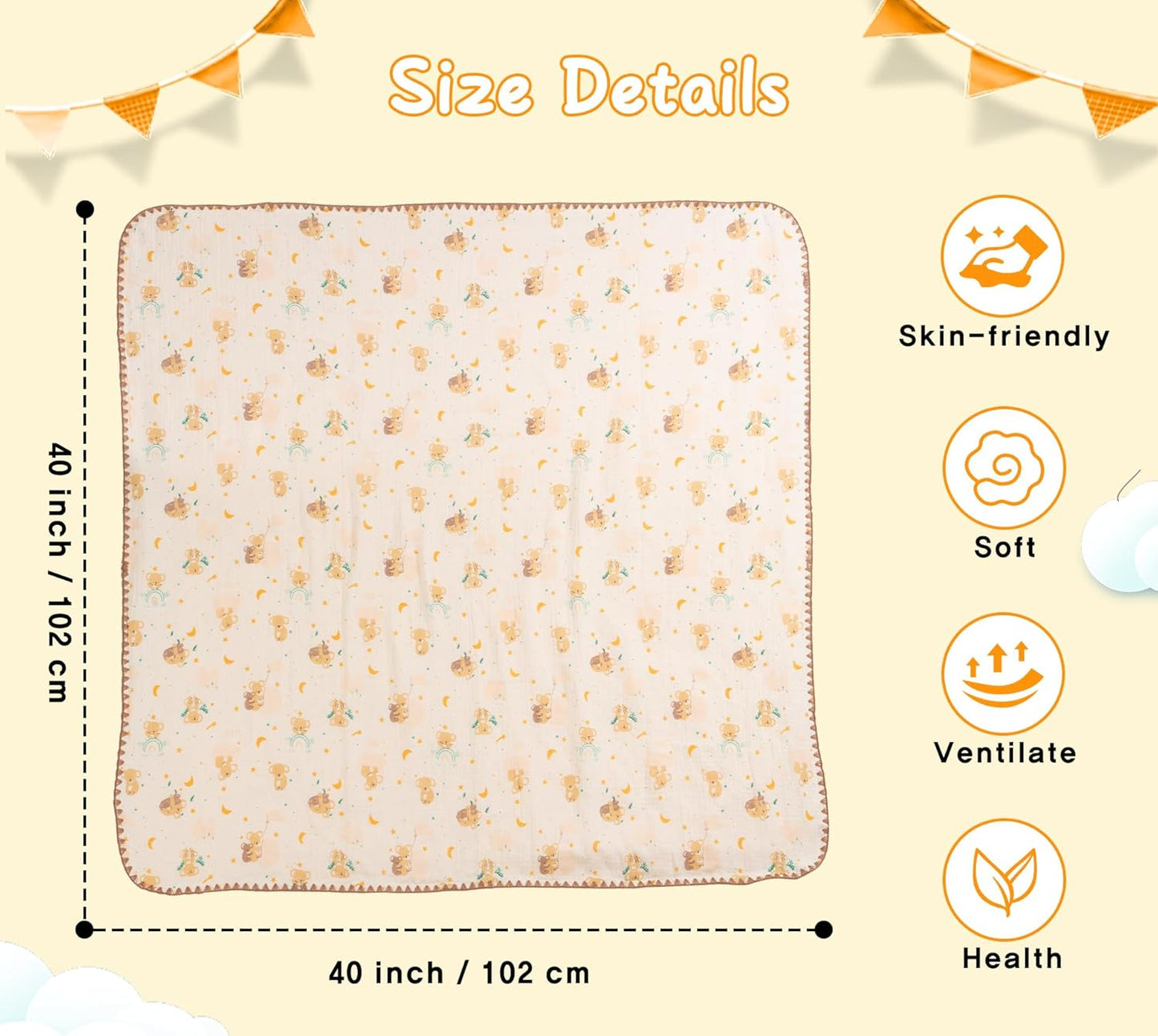 Baby Blanket Double Layer Cotton 40 x 40 Soft Receiving Blanket with Pattern Machine Washable Koala