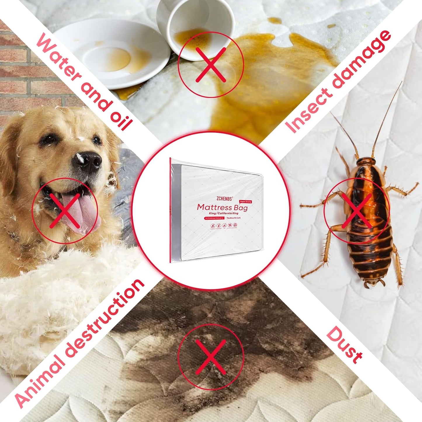 ZCHENBS® – Mattress Bags for Moving and Storage,Mattress Bag with Zippers,5 Mil Ultra-Thick Bed Bag,Waterproof,Anti-Tear,Heavy-Duty Mattress bag (Transaparent/Red, King/California King-(1 Pack）)