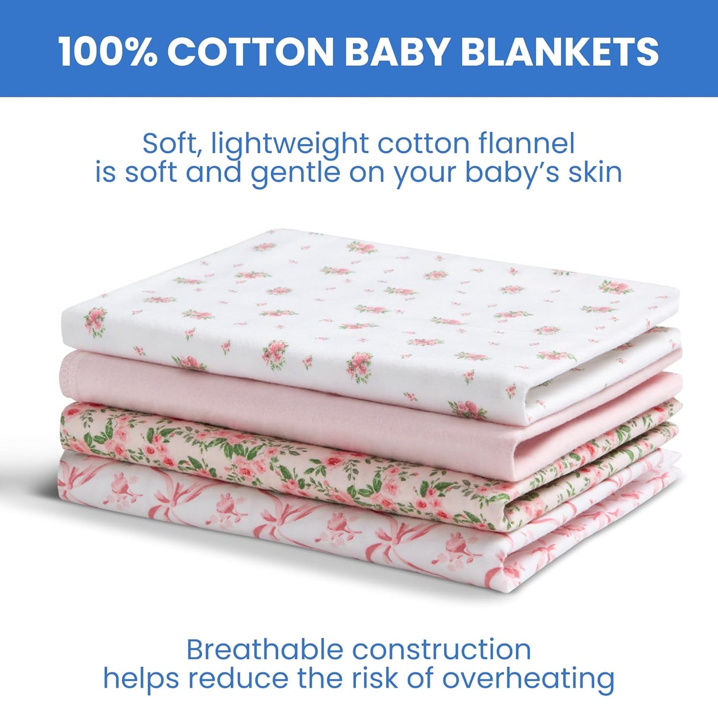 Delta Children 100% Cotton Flannel Baby Receiving Blankets for Girls and Boys – 30x30 Inches (Pack of 4), Pink Floral