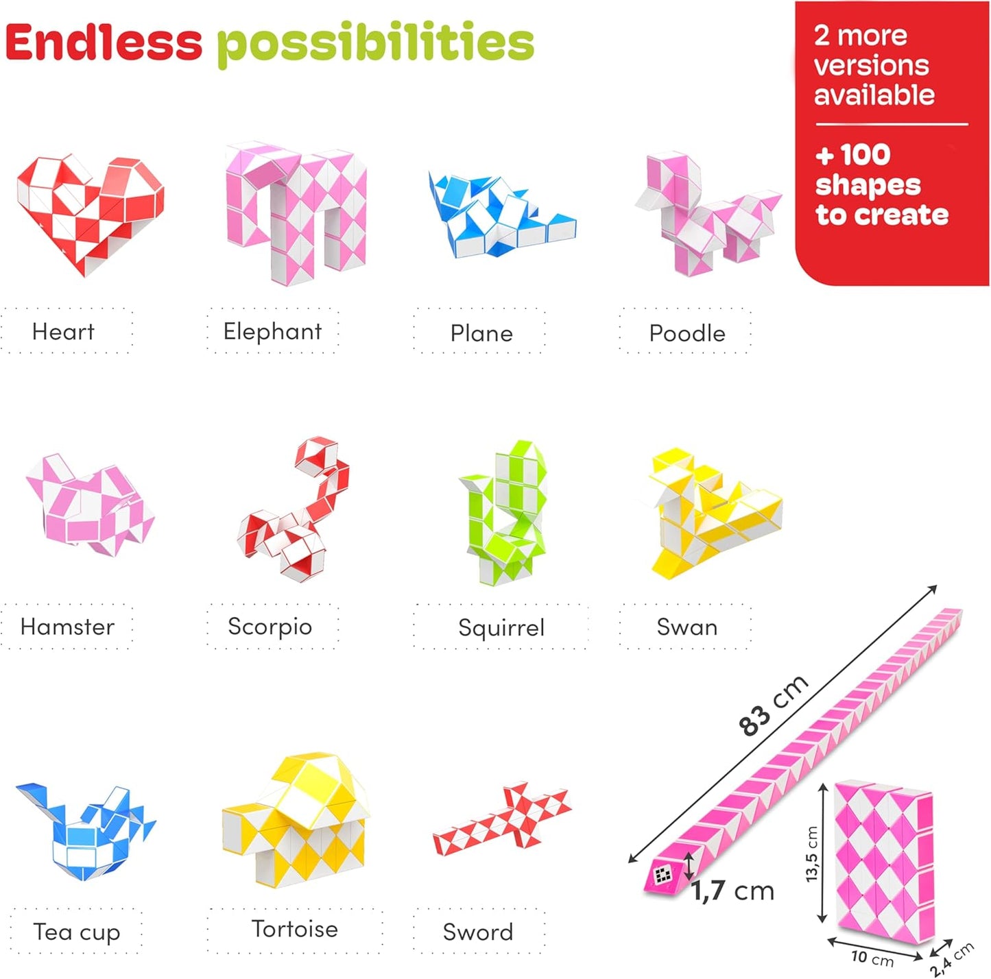 CUBIDI® Magic Snake Cube | Fidget Snake Toy for Kids | Travel Toys for Kids Ages 4-8 | Great Gift for Boys and Girls Birthday, Christmas, Stocking Stuffers - 48 Blocks | 0.9 inch x 0.7 inch | Pink