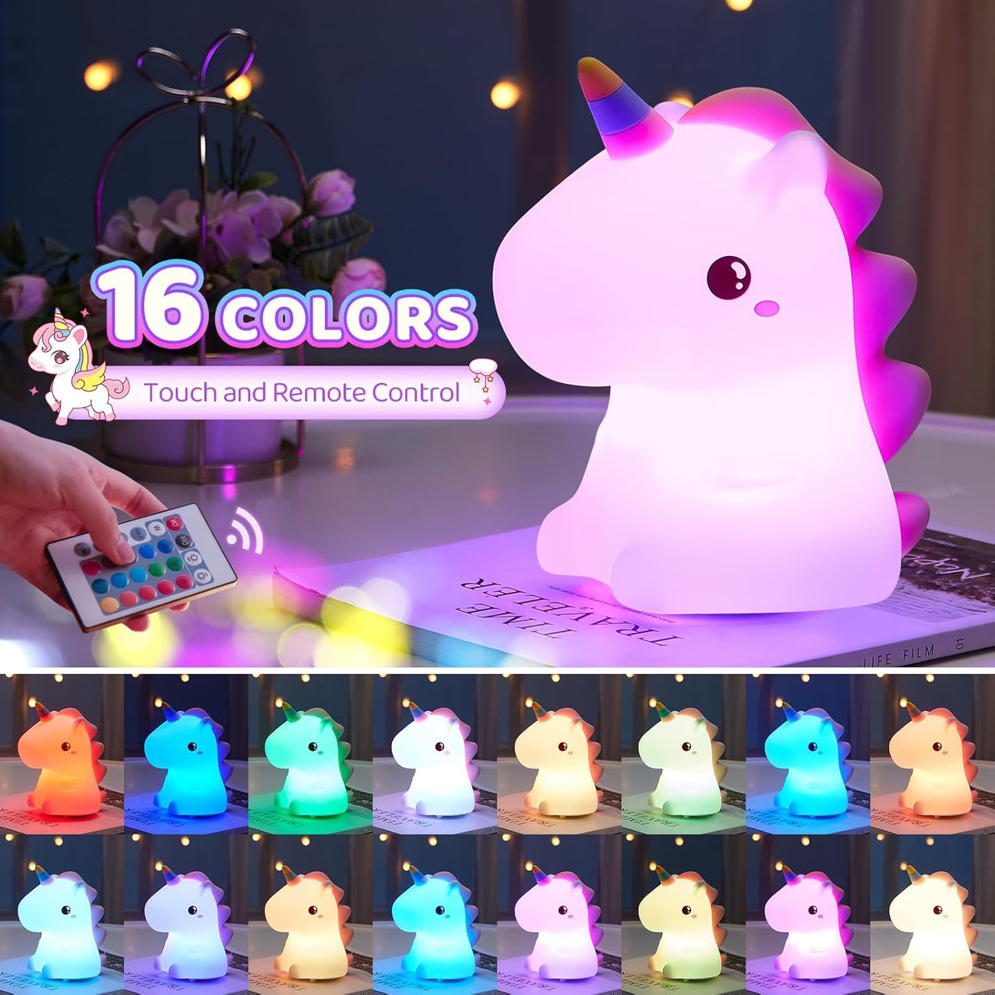 ONEFIRE Unicorn Night Light for Kids,【Cute Gifts&Remote】 16 Colors Cute Night Light,5 Lightness & Last 10H Nightlight for Kids Room,Soft Lamp