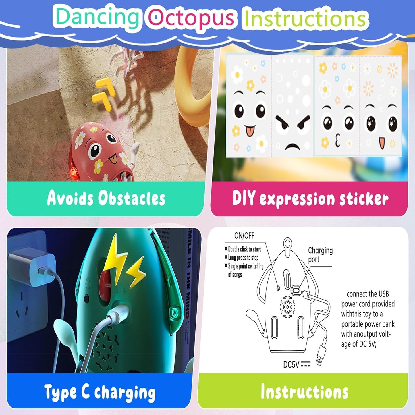 Dancing Octopus Toy Electric Crawling Baby Toy with Lights & Music Tummy Time Octopus Toy | DIY Expressions, Obstacle Avoidance | for Boys and Girls Party Gift Birthday, Christmas (Yellow)