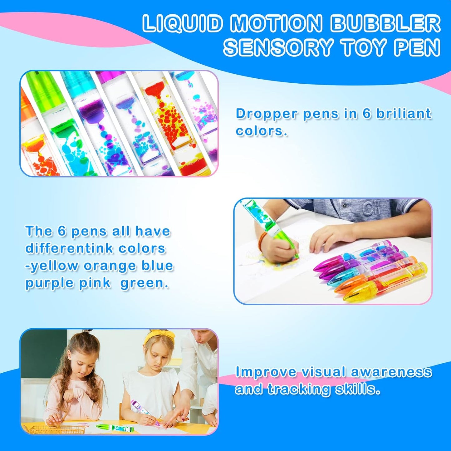 Liquid Motion Bubbler Sensory Toy Pen, Colorful Liquid Timer Pens Great for Stress and Anxiety Relief,Sand Timer for Kids and Adults(6 Pack)