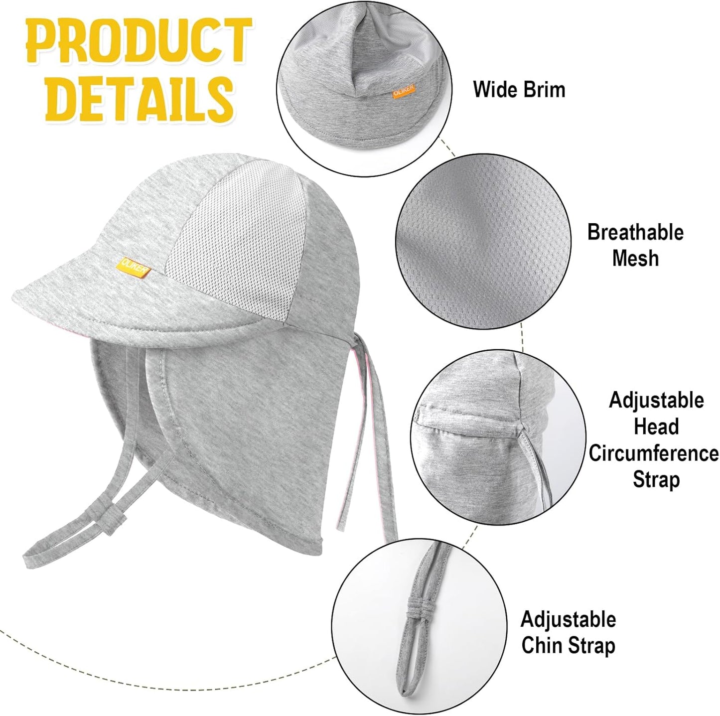 Baby Sun Hat with Breathable Mesh, UPF 50+ Cotton Adjusrtable Unisex Toddler Sun Hat for Summer Beach Swim