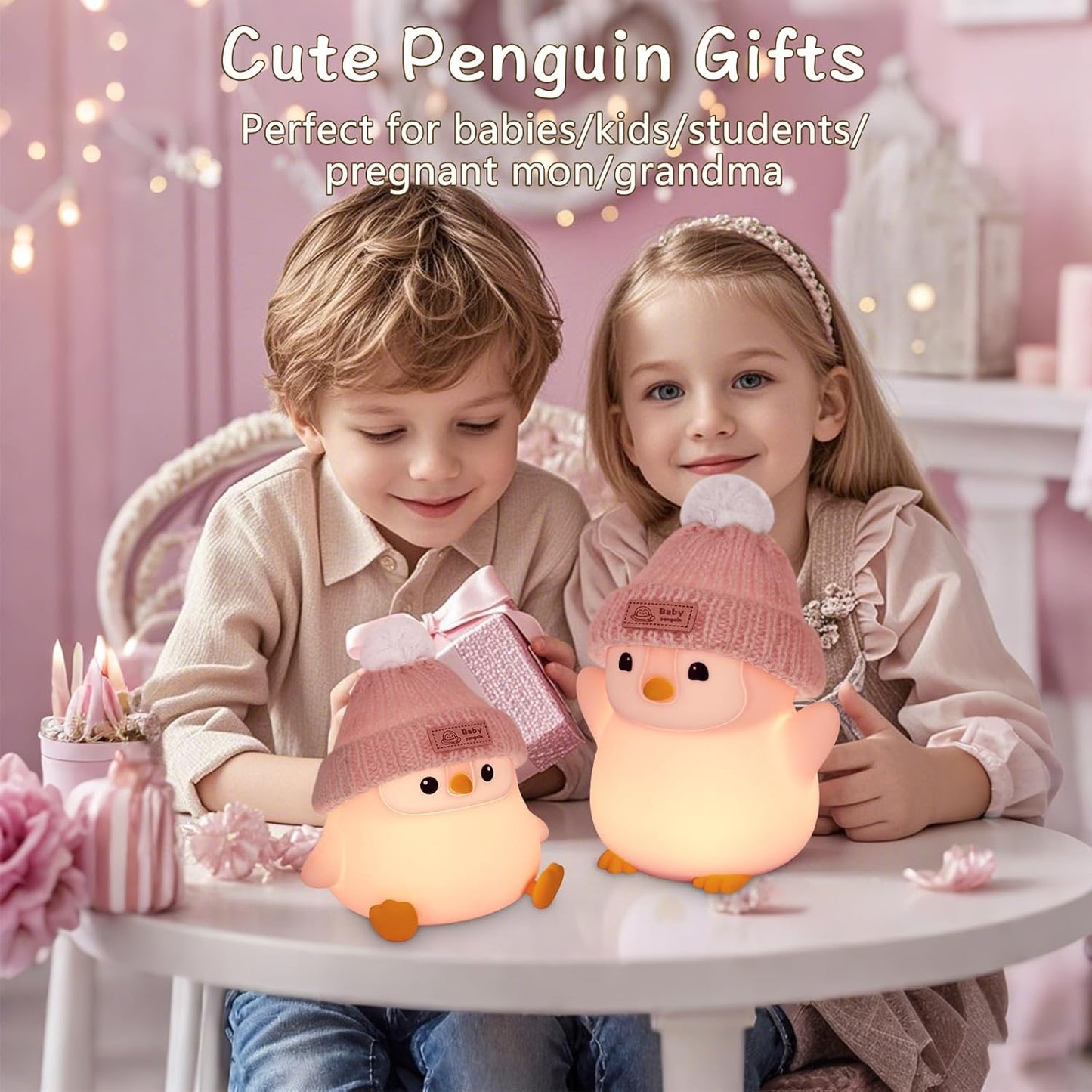 Penguin Silicone Night Light, Cute Pink Penguin Lamp with Knitted Hat, Soft Nursery Nightlight, USB Rechargeable/Dimmable,LED Squishy Novelty Animal Bedside Lamp,Funny Gifts for Kids/Girls
