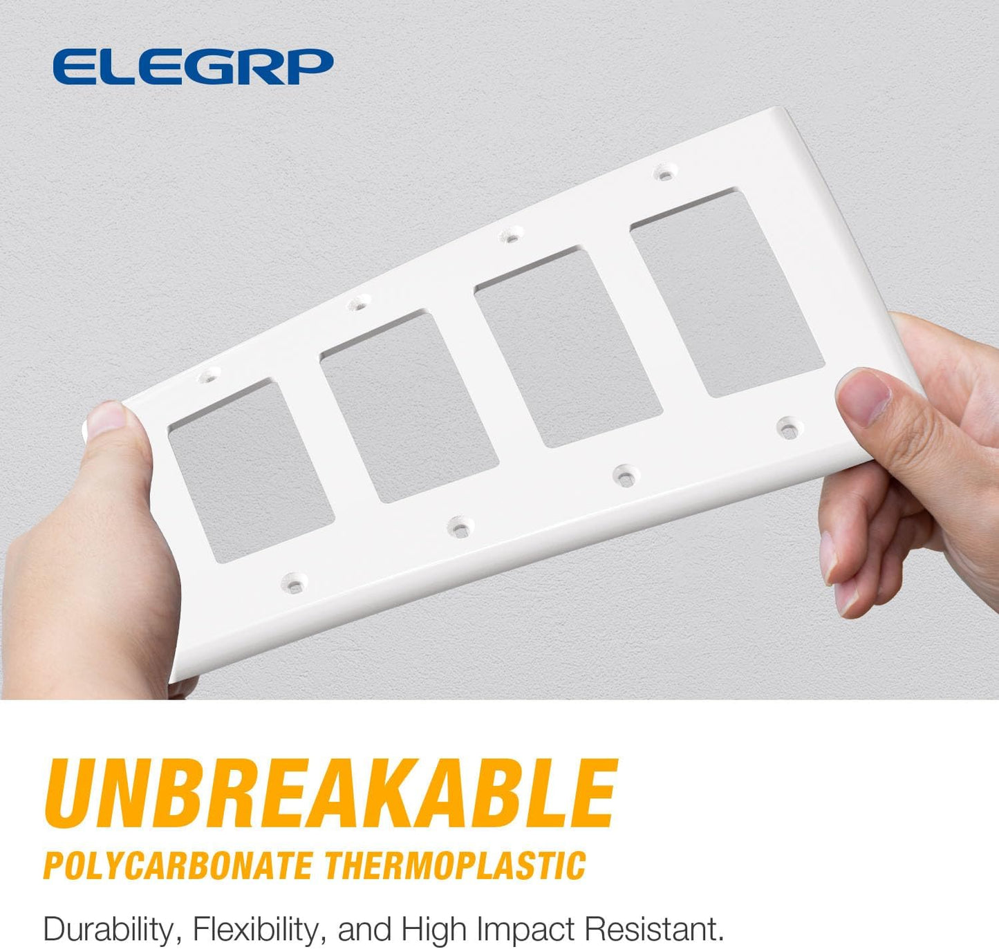 ELEGRP 4-Gang Decorative Wall Plates, Mid-Size 4.88" H x 8.57" L Unbreakable Thermoplastic Faceplate Cover for Decorator Receptacle Outlet Switch, UL Listed (1 Pack, Glossy White)