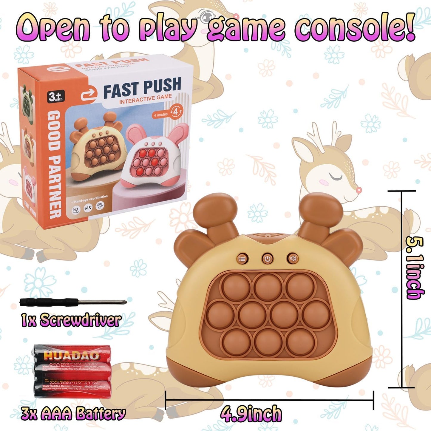 Fast Push Game, Deer Handheld Speed Push Bubble Game Console, Light up Pop Game Sensory Fidget Toys for Kids, Autism Sensory Toys, Birthday Easter Toy for Boys Girls Adults(Brown)