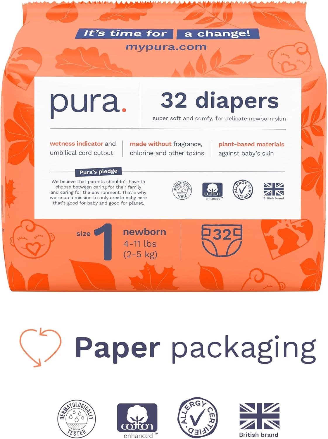 Pura Hypoallergenic Diapers, Size 1 (4-11 lbs), Newborn, Totally Chlorine Free, Wetness Indicator, Suitable for Sensitive Skin, Soft Organic Cotton Comfort, Overnight, 1 Pack of 32 Baby Diapers