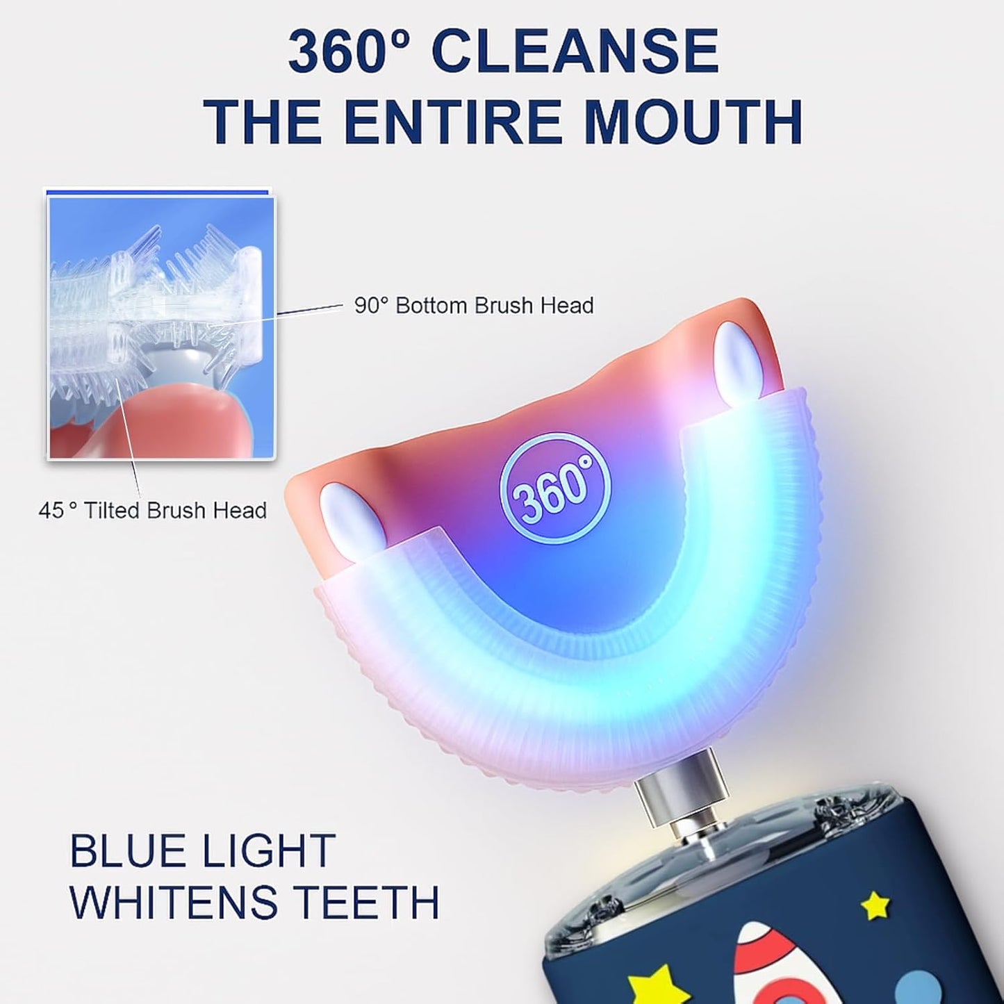 Kids U Shaped Electric Toothbrush Ultrasonic Automatic Brush with 5 Brush Head 6 Clean Modes IPX7 Waterproof Whole Mouth Rechargeable Smart Timer Toothbrushes for Children Age 2-7 (Blue)