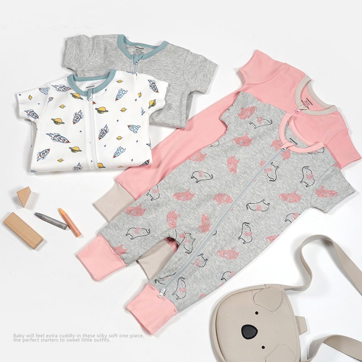 Teach Leanbh Baby Boys Girls 2 Pack 2 Way Zipper Footless Pajamas Cotton Short Sleeve Printing Romper Sleep and Play