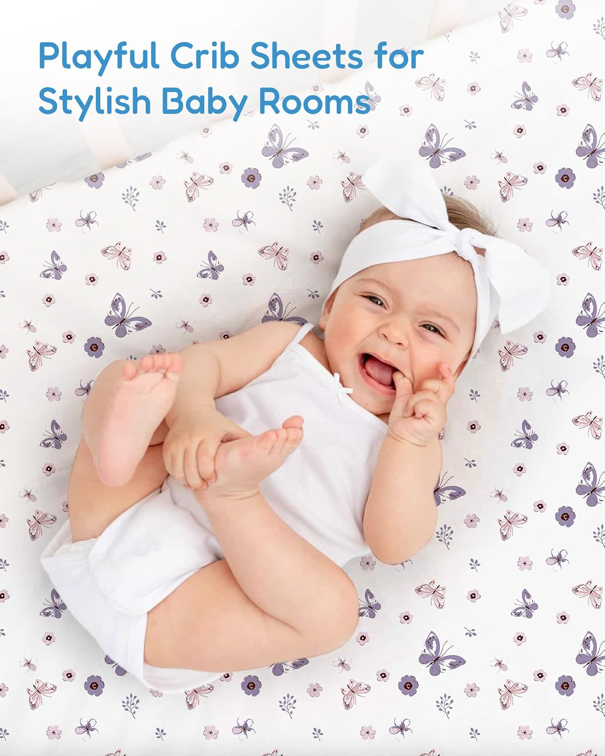 Baby Crib Sheets Boy Girl for Standard Crib Mattress - Soft Purple+Butterflies, Comfortable and Safe, Fits 28''x52''x9'' Deep Pocket