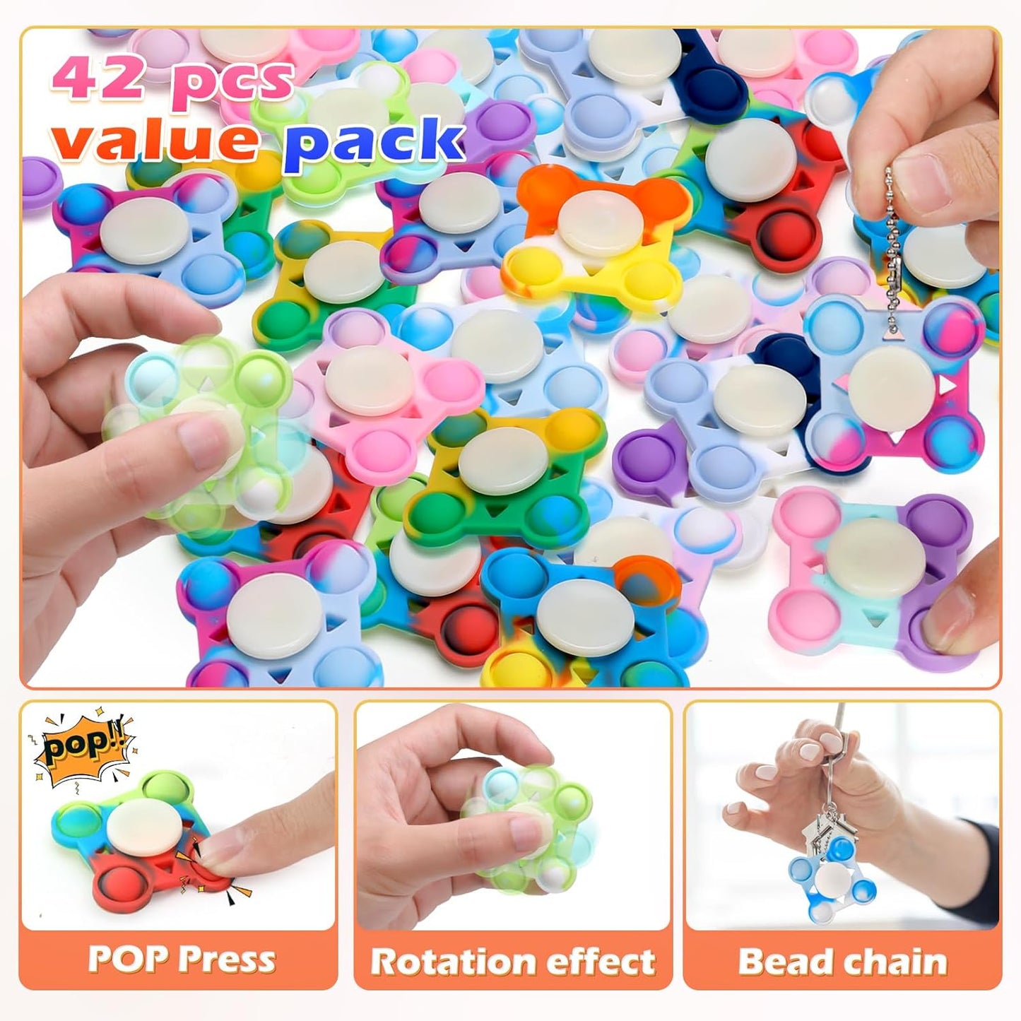 42 PCS Pop Fidget Spinners - Colorful Party Favors for Kids - Sensory Toys for Stress Relief and Anxiety - Classroom Prizes,Goodie Bag Stuffers,Birthday Gifts